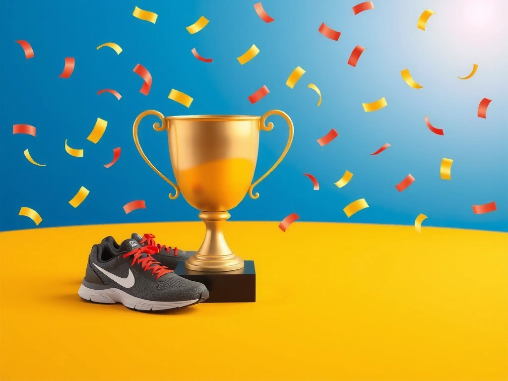 Goldener Pokal mit Laufschuhen in einer dynamischen 3D-Darstellung