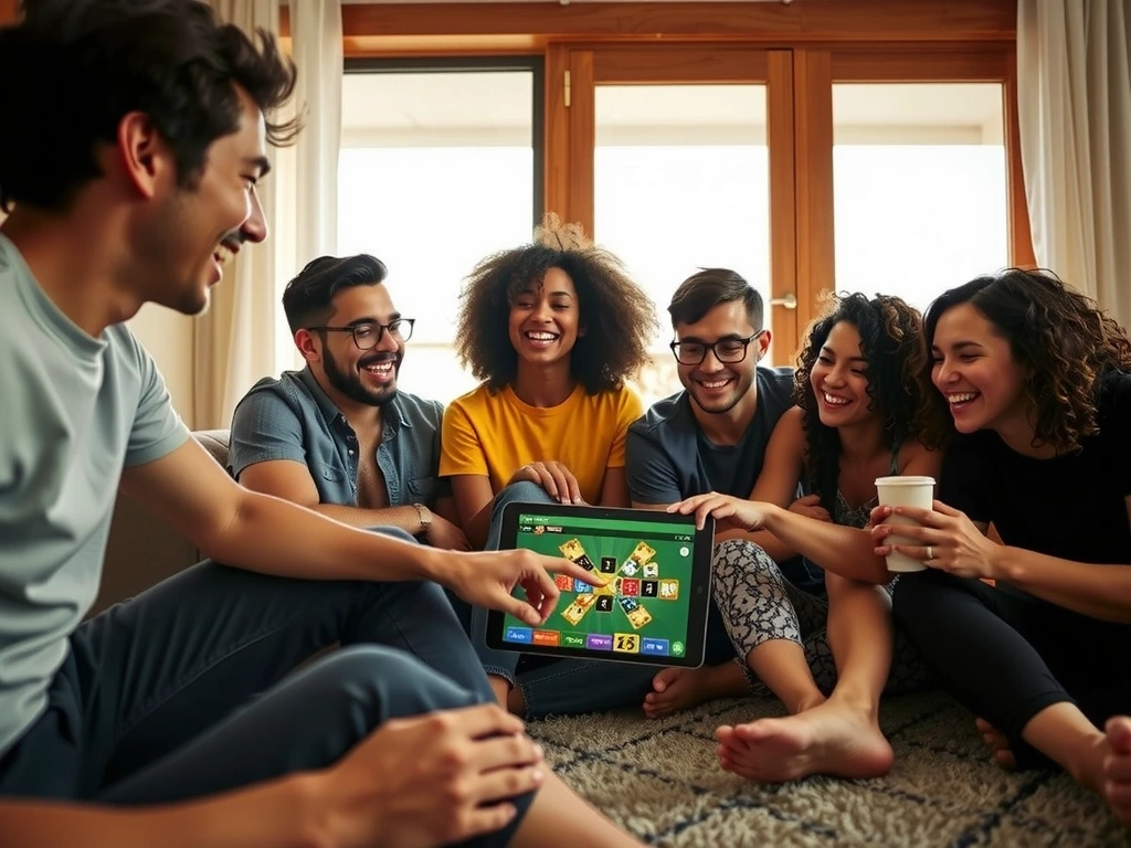 Glückliche Menschen spielen auf einem Tablet im Pal Run Social Casino