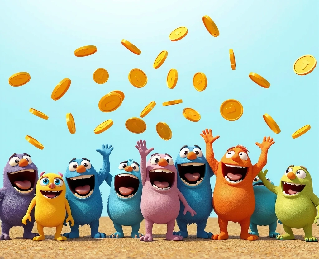 Fröhliche 3D-Cartoon-Charaktere werfen Goldmünzen in die Luft und feiern